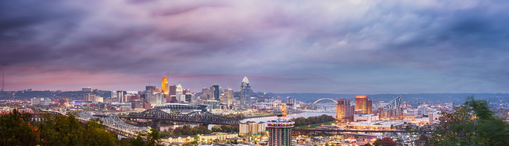 Stock Cincinnati Skyline at Dusk | Bellatrix Roofing & Restoration